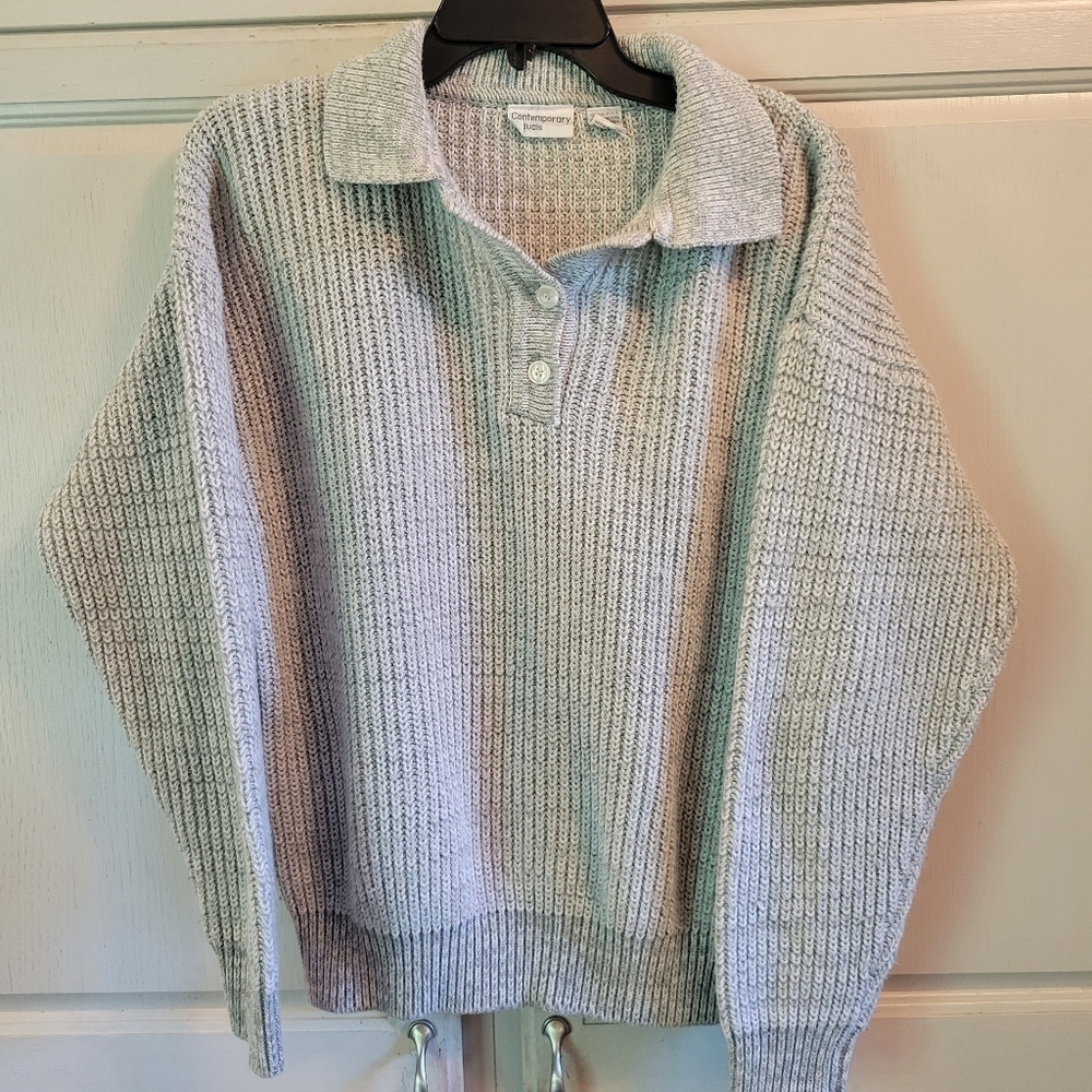 Vintage Contemporary Casuals Grey Chunky Knit Collared Sweater